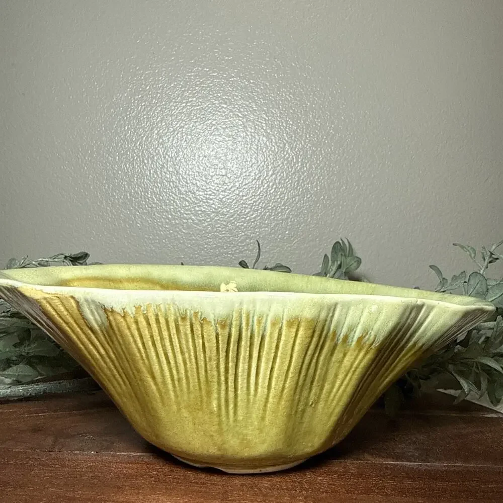 Vintage Mid Century USA P-1 Drip Glaze Pottery Console Bowl Green Yellow 50s 60s